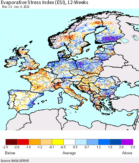Europe Evaporative Stress Index (ESI), 12-Weeks Thematic Map For 5/31/2021 - 6/6/2021