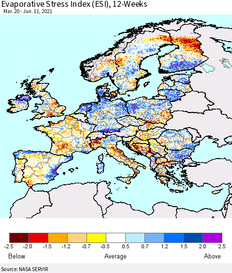 Europe Evaporative Stress Index (ESI), 12-Weeks Thematic Map For 6/7/2021 - 6/13/2021