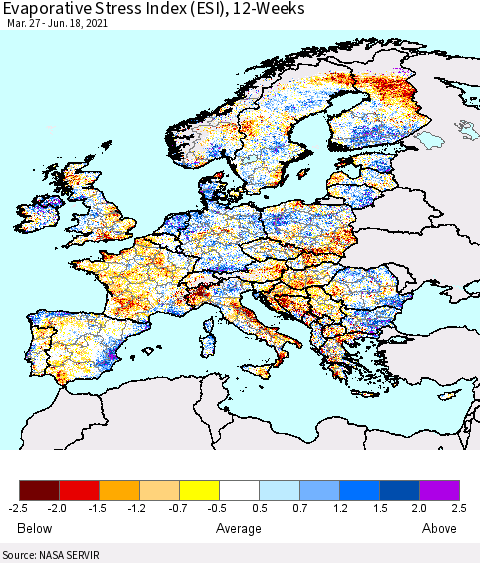 Europe Evaporative Stress Index (ESI), 12-Weeks Thematic Map For 6/14/2021 - 6/20/2021