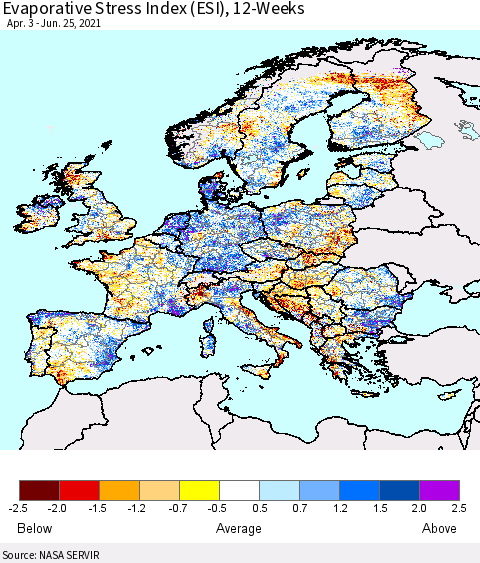 Europe Evaporative Stress Index (ESI), 12-Weeks Thematic Map For 6/21/2021 - 6/27/2021