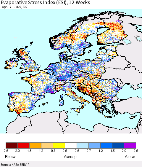 Europe Evaporative Stress Index (ESI), 12-Weeks Thematic Map For 7/5/2021 - 7/11/2021