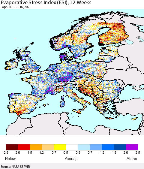 Europe Evaporative Stress Index (ESI), 12-Weeks Thematic Map For 7/12/2021 - 7/18/2021