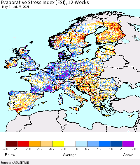 Europe Evaporative Stress Index (ESI), 12-Weeks Thematic Map For 7/19/2021 - 7/25/2021
