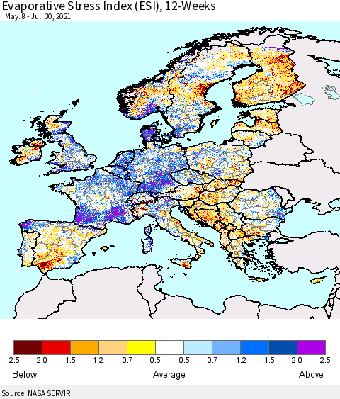 Europe Evaporative Stress Index (ESI), 12-Weeks Thematic Map For 7/26/2021 - 8/1/2021