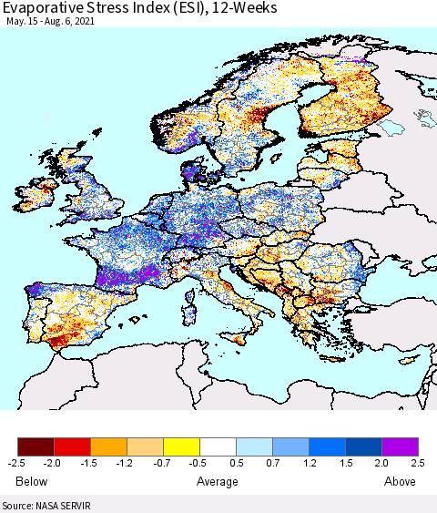 Europe Evaporative Stress Index (ESI), 12-Weeks Thematic Map For 8/2/2021 - 8/8/2021