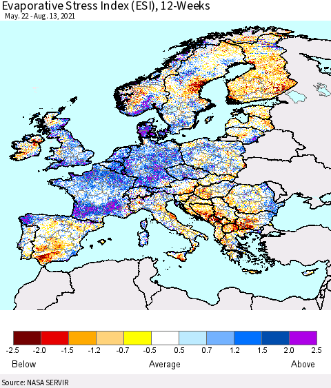 Europe Evaporative Stress Index (ESI), 12-Weeks Thematic Map For 8/9/2021 - 8/15/2021