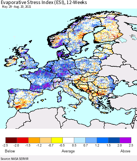 Europe Evaporative Stress Index (ESI), 12-Weeks Thematic Map For 8/16/2021 - 8/22/2021