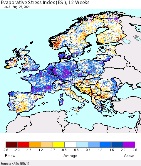 Europe Evaporative Stress Index (ESI), 12-Weeks Thematic Map For 8/23/2021 - 8/29/2021