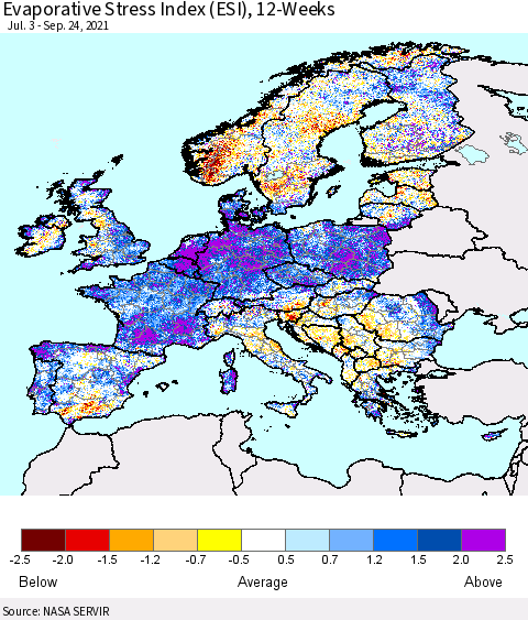 Europe Evaporative Stress Index (ESI), 12-Weeks Thematic Map For 9/20/2021 - 9/26/2021