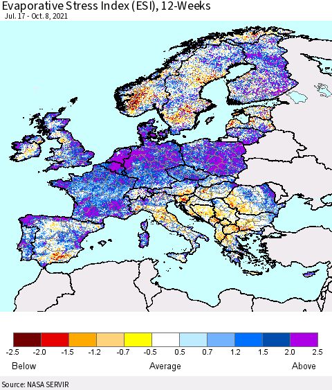 Europe Evaporative Stress Index (ESI), 12-Weeks Thematic Map For 10/4/2021 - 10/10/2021