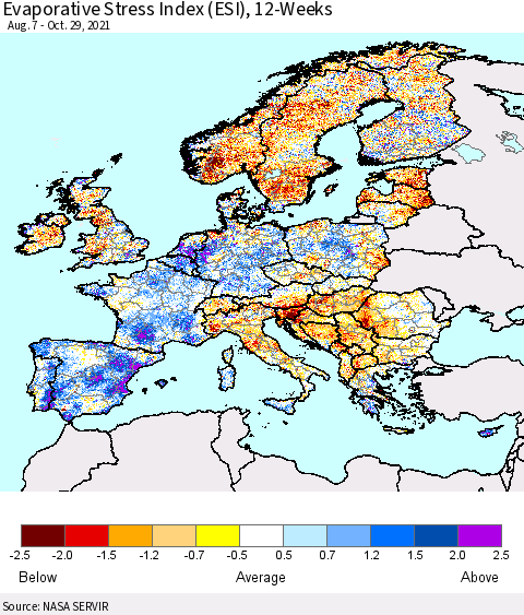 Europe Evaporative Stress Index (ESI), 12-Weeks Thematic Map For 10/25/2021 - 10/31/2021
