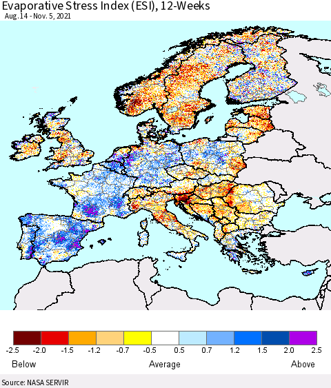 Europe Evaporative Stress Index (ESI), 12-Weeks Thematic Map For 11/1/2021 - 11/7/2021