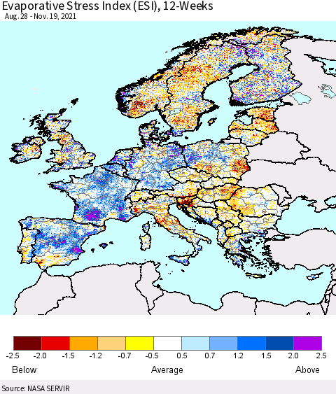 Europe Evaporative Stress Index (ESI), 12-Weeks Thematic Map For 11/15/2021 - 11/21/2021