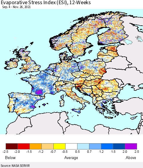 Europe Evaporative Stress Index (ESI), 12-Weeks Thematic Map For 11/22/2021 - 11/28/2021