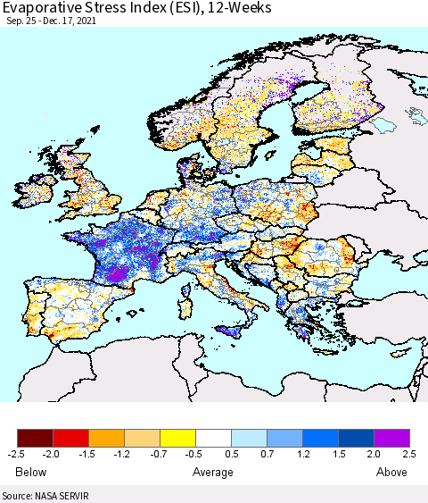 Europe Evaporative Stress Index (ESI), 12-Weeks Thematic Map For 12/13/2021 - 12/19/2021