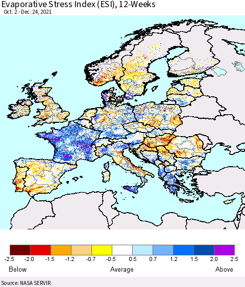 Europe Evaporative Stress Index (ESI), 12-Weeks Thematic Map For 12/20/2021 - 12/26/2021