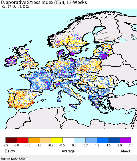 Europe Evaporative Stress Index (ESI), 12-Weeks Thematic Map For 1/3/2022 - 1/9/2022