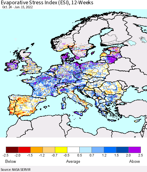 Europe Evaporative Stress Index (ESI), 12-Weeks Thematic Map For 1/10/2022 - 1/16/2022