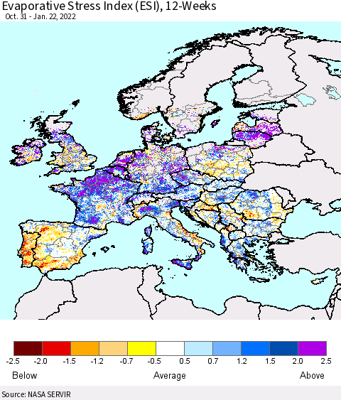Europe Evaporative Stress Index (ESI), 12-Weeks Thematic Map For 1/17/2022 - 1/23/2022
