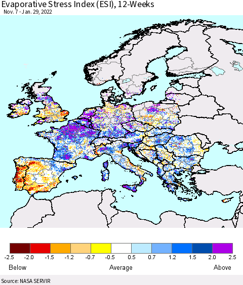Europe Evaporative Stress Index (ESI), 12-Weeks Thematic Map For 1/24/2022 - 1/30/2022