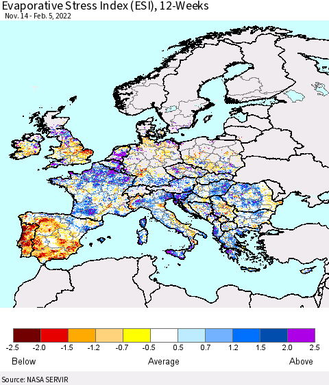 Europe Evaporative Stress Index (ESI), 12-Weeks Thematic Map For 1/31/2022 - 2/6/2022