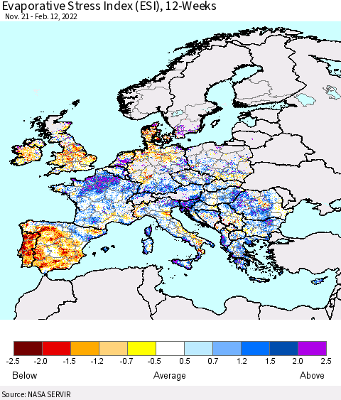 Europe Evaporative Stress Index (ESI), 12-Weeks Thematic Map For 2/7/2022 - 2/13/2022
