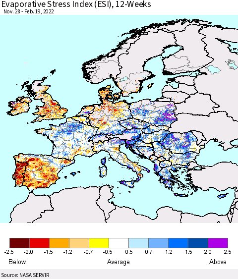 Europe Evaporative Stress Index (ESI), 12-Weeks Thematic Map For 2/14/2022 - 2/20/2022