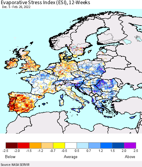 Europe Evaporative Stress Index (ESI), 12-Weeks Thematic Map For 2/21/2022 - 2/27/2022