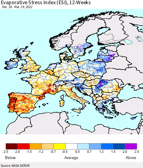 Europe Evaporative Stress Index (ESI), 12-Weeks Thematic Map For 3/14/2022 - 3/20/2022