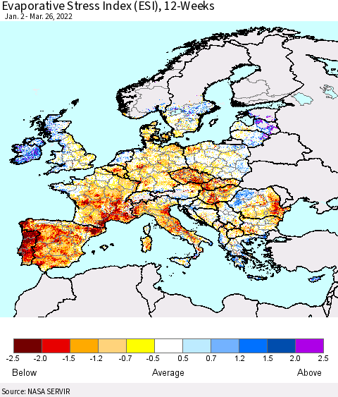 Europe Evaporative Stress Index (ESI), 12-Weeks Thematic Map For 3/21/2022 - 3/27/2022