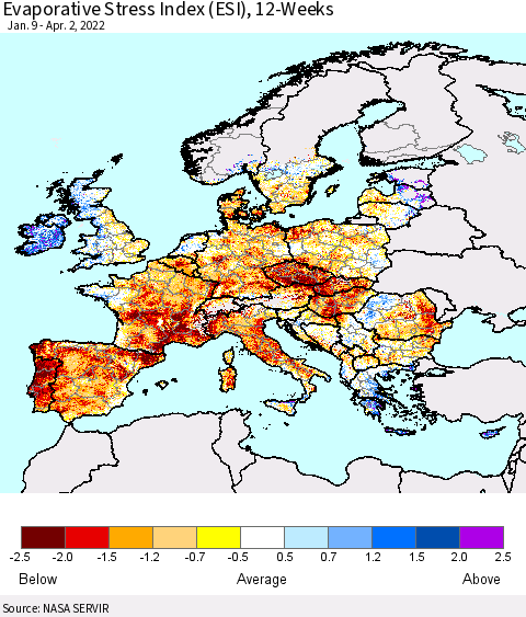Europe Evaporative Stress Index (ESI), 12-Weeks Thematic Map For 3/28/2022 - 4/3/2022