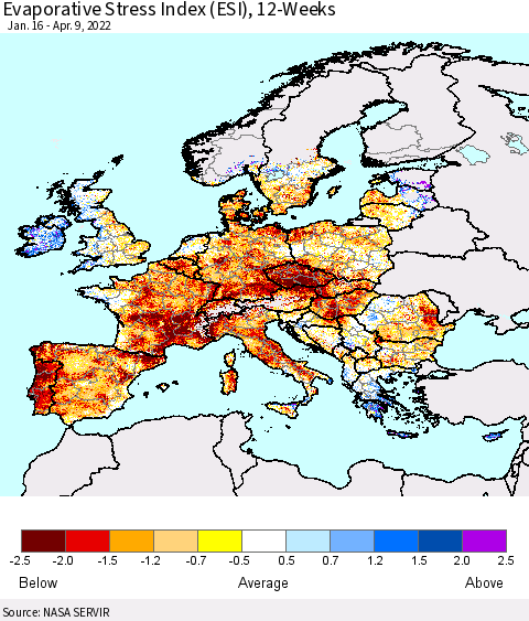 Europe Evaporative Stress Index (ESI), 12-Weeks Thematic Map For 4/4/2022 - 4/10/2022