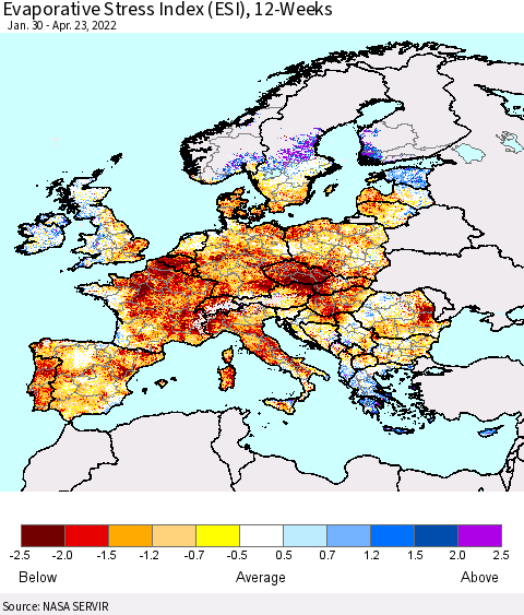 Europe Evaporative Stress Index (ESI), 12-Weeks Thematic Map For 4/18/2022 - 4/24/2022