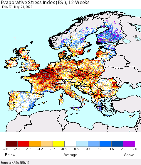 Europe Evaporative Stress Index (ESI), 12-Weeks Thematic Map For 5/16/2022 - 5/22/2022
