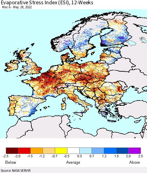 Europe Evaporative Stress Index (ESI), 12-Weeks Thematic Map For 5/23/2022 - 5/29/2022
