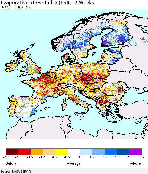 Europe Evaporative Stress Index (ESI), 12-Weeks Thematic Map For 5/30/2022 - 6/5/2022
