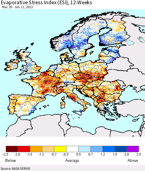 Europe Evaporative Stress Index (ESI), 12-Weeks Thematic Map For 6/6/2022 - 6/12/2022