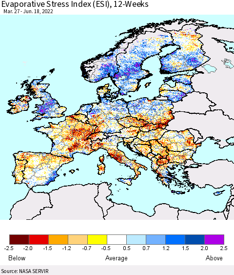 Europe Evaporative Stress Index (ESI), 12-Weeks Thematic Map For 6/13/2022 - 6/19/2022