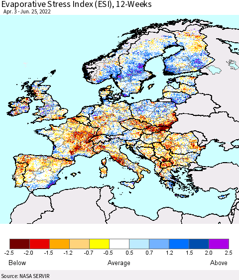 Europe Evaporative Stress Index (ESI), 12-Weeks Thematic Map For 6/20/2022 - 6/26/2022