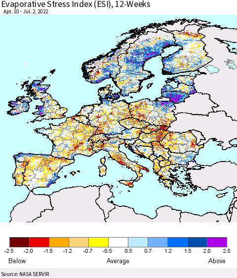 Europe Evaporative Stress Index (ESI), 12-Weeks Thematic Map For 6/27/2022 - 7/3/2022