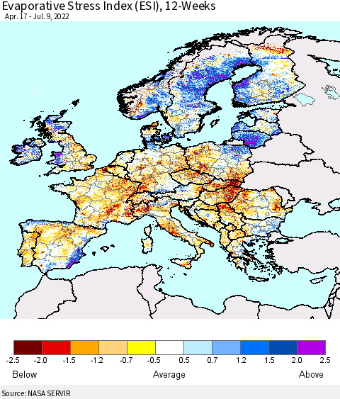 Europe Evaporative Stress Index (ESI), 12-Weeks Thematic Map For 7/4/2022 - 7/10/2022
