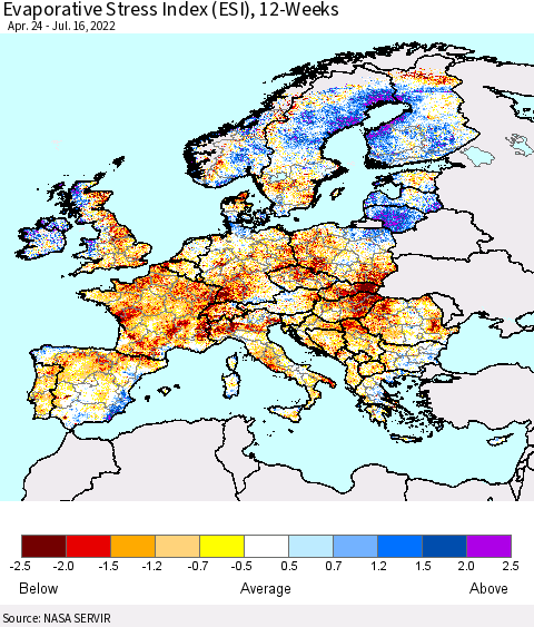 Europe Evaporative Stress Index (ESI), 12-Weeks Thematic Map For 7/11/2022 - 7/17/2022