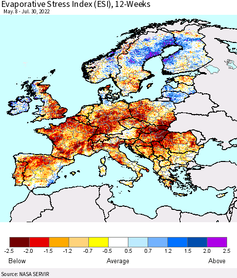 Europe Evaporative Stress Index (ESI), 12-Weeks Thematic Map For 7/25/2022 - 7/31/2022
