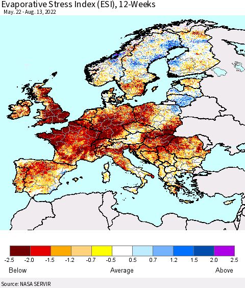 Europe Evaporative Stress Index (ESI), 12-Weeks Thematic Map For 8/8/2022 - 8/14/2022
