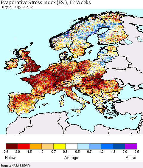 Europe Evaporative Stress Index (ESI), 12-Weeks Thematic Map For 8/15/2022 - 8/21/2022