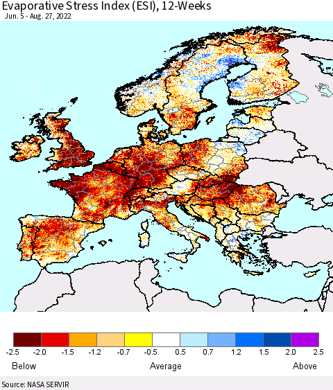 Europe Evaporative Stress Index (ESI), 12-Weeks Thematic Map For 8/22/2022 - 8/28/2022