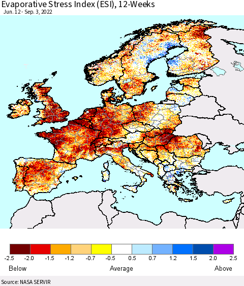 Europe Evaporative Stress Index (ESI), 12-Weeks Thematic Map For 8/29/2022 - 9/4/2022