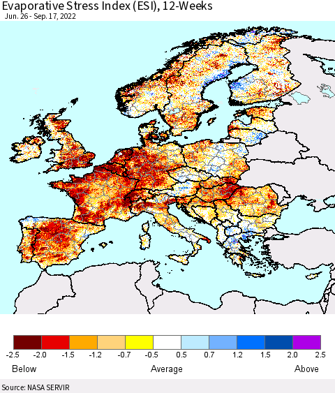 Europe Evaporative Stress Index (ESI), 12-Weeks Thematic Map For 9/12/2022 - 9/18/2022