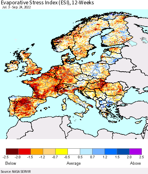 Europe Evaporative Stress Index (ESI), 12-Weeks Thematic Map For 9/19/2022 - 9/25/2022