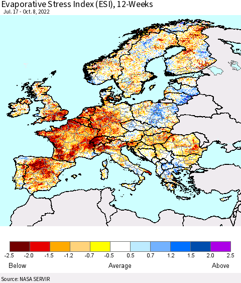 Europe Evaporative Stress Index (ESI), 12-Weeks Thematic Map For 10/3/2022 - 10/9/2022